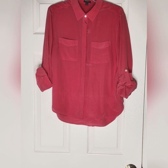 Ann Taylor M Pink 100% SILK Longsleeves Roll Tab Buttons Up Women’s Shirt Blouse - Picture 1 of 7